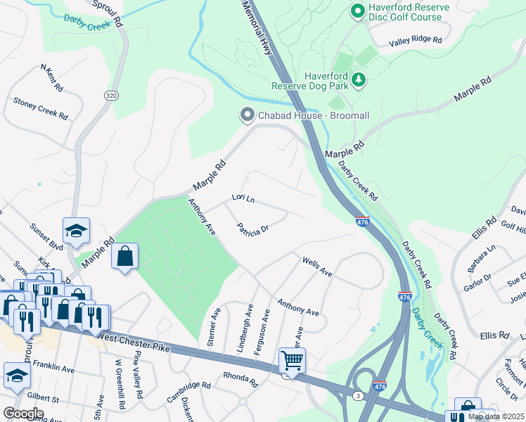 map of restaurants, bars, coffee shops, grocery stores, and more near 122 Lori Lane in Broomall