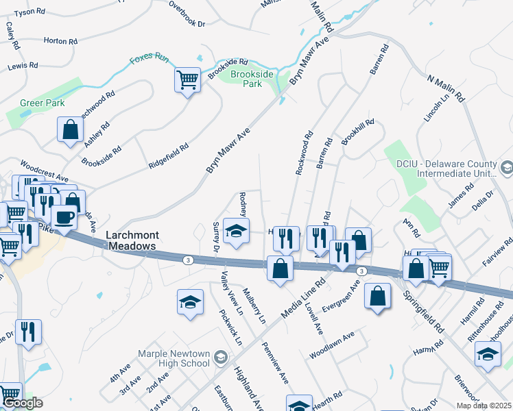 map of restaurants, bars, coffee shops, grocery stores, and more near 30 Radnor Drive in Newtown Square