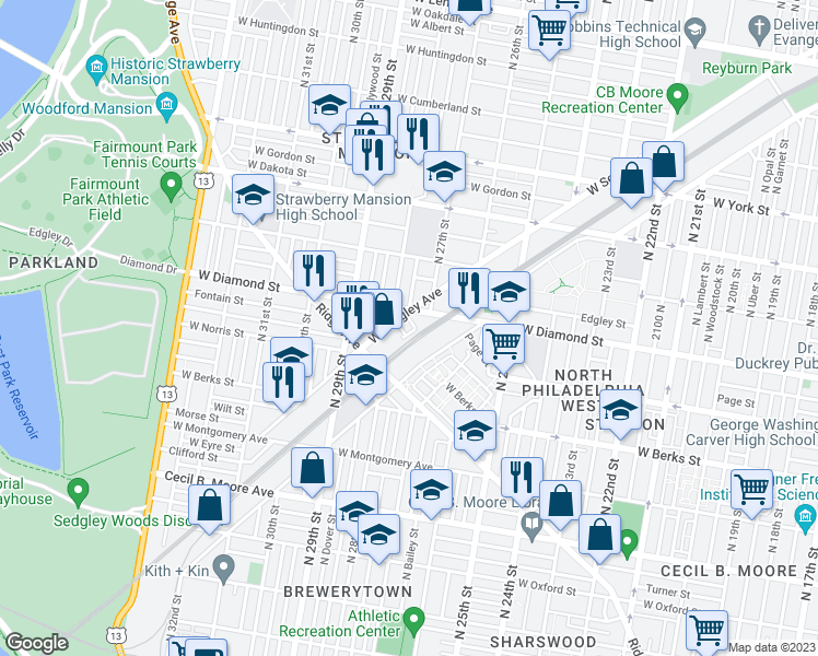 map of restaurants, bars, coffee shops, grocery stores, and more near 2004 North Etting Street in Philadelphia