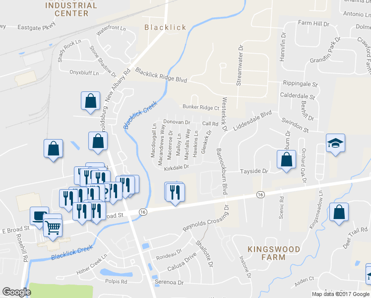map of restaurants, bars, coffee shops, grocery stores, and more near 180 Macfalls Way in Blacklick
