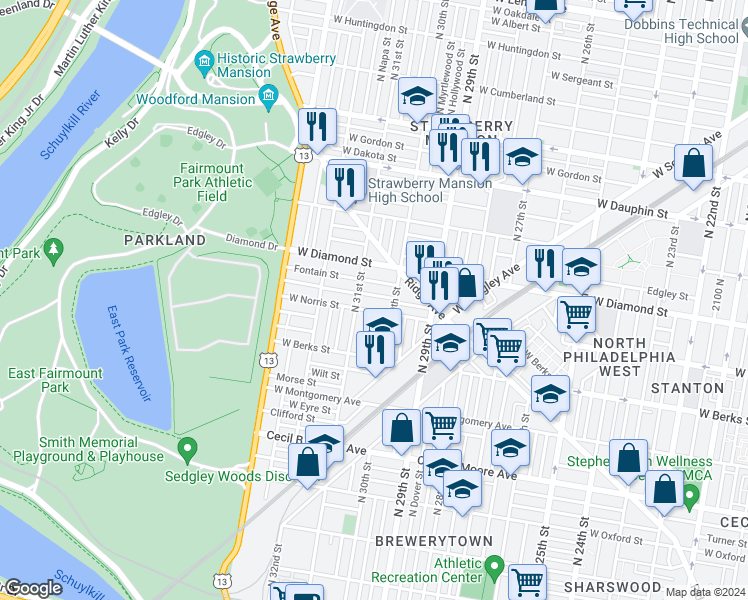 map of restaurants, bars, coffee shops, grocery stores, and more near 3030 Page Street in Philadelphia