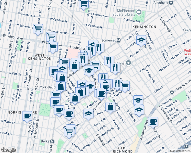map of restaurants, bars, coffee shops, grocery stores, and more near 1930 East Huntingdon Street in Philadelphia