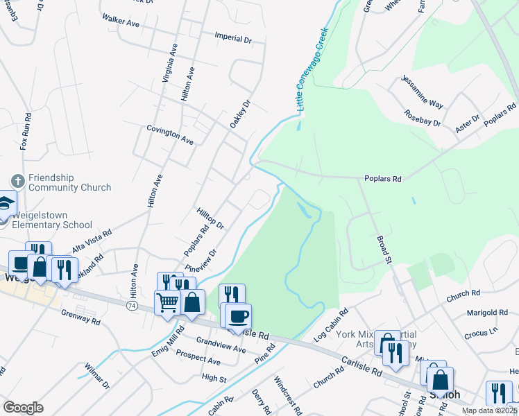 map of restaurants, bars, coffee shops, grocery stores, and more near 1877 Pineview Drive in York