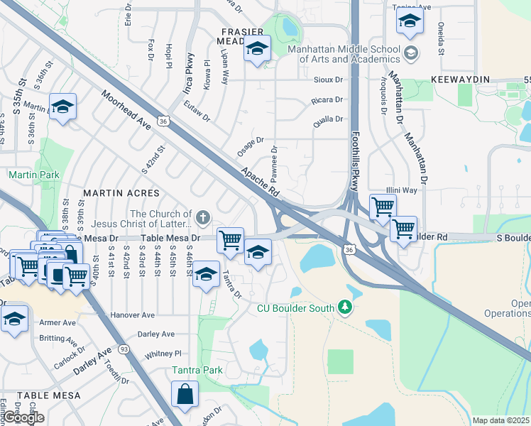 map of restaurants, bars, coffee shops, grocery stores, and more near 4977 Moorhead Avenue in Boulder