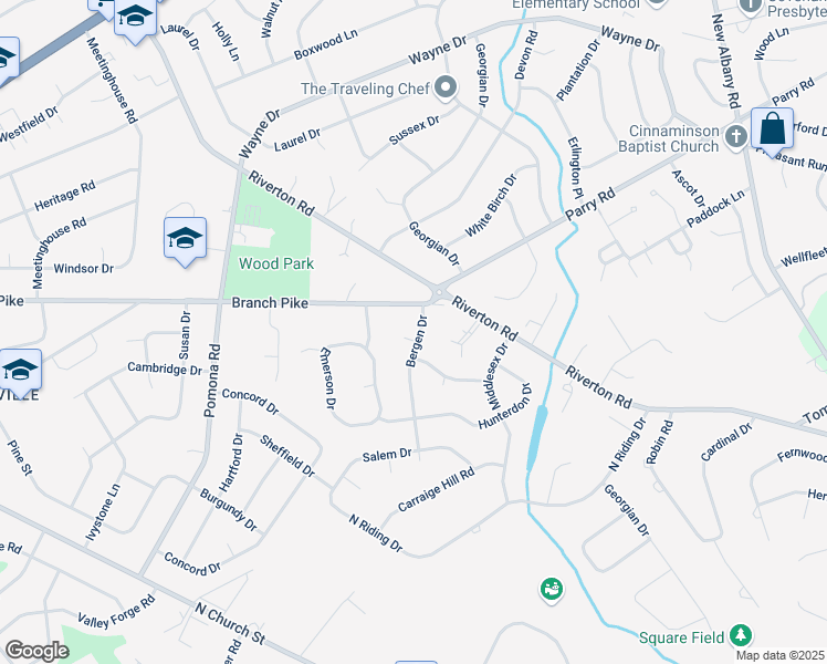 map of restaurants, bars, coffee shops, grocery stores, and more near 708 Bergen Drive in Cinnaminson