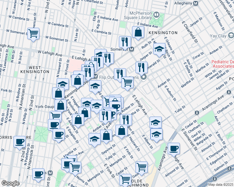 map of restaurants, bars, coffee shops, grocery stores, and more near 2633 Emerald Street in Philadelphia