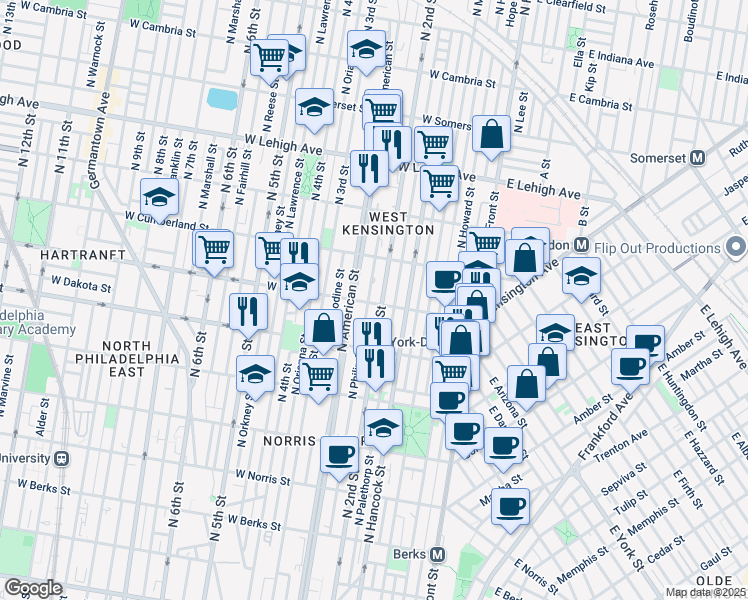map of restaurants, bars, coffee shops, grocery stores, and more near 229 West York Street in Philadelphia