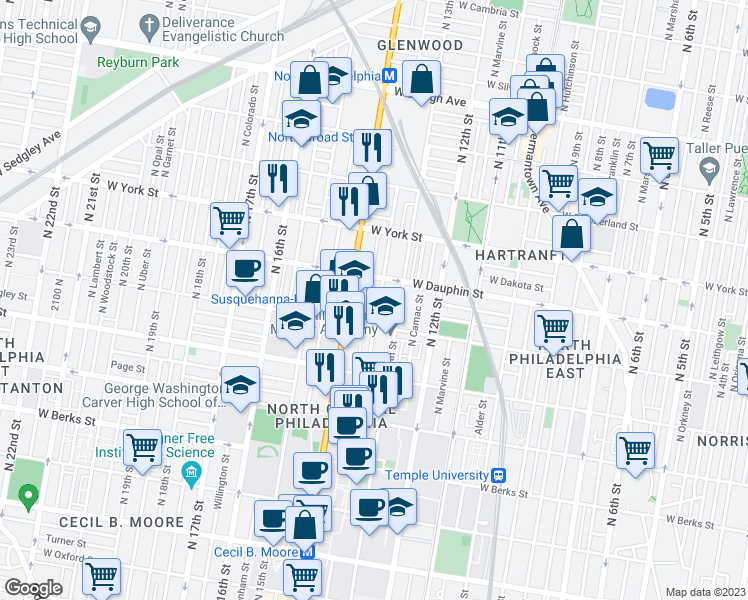 map of restaurants, bars, coffee shops, grocery stores, and more near 2239 North Park Avenue in Philadelphia