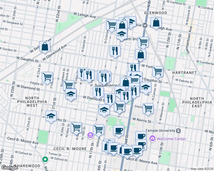 map of restaurants, bars, coffee shops, grocery stores, and more near in Philadelphia