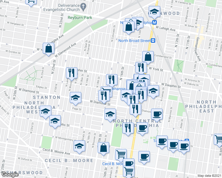 map of restaurants, bars, coffee shops, grocery stores, and more near in Philadelphia