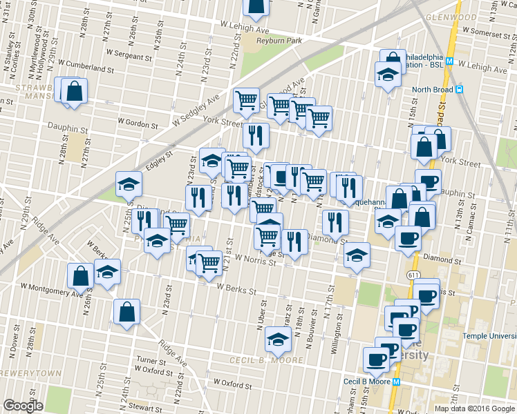 map of restaurants, bars, coffee shops, grocery stores, and more near in Philadelphia