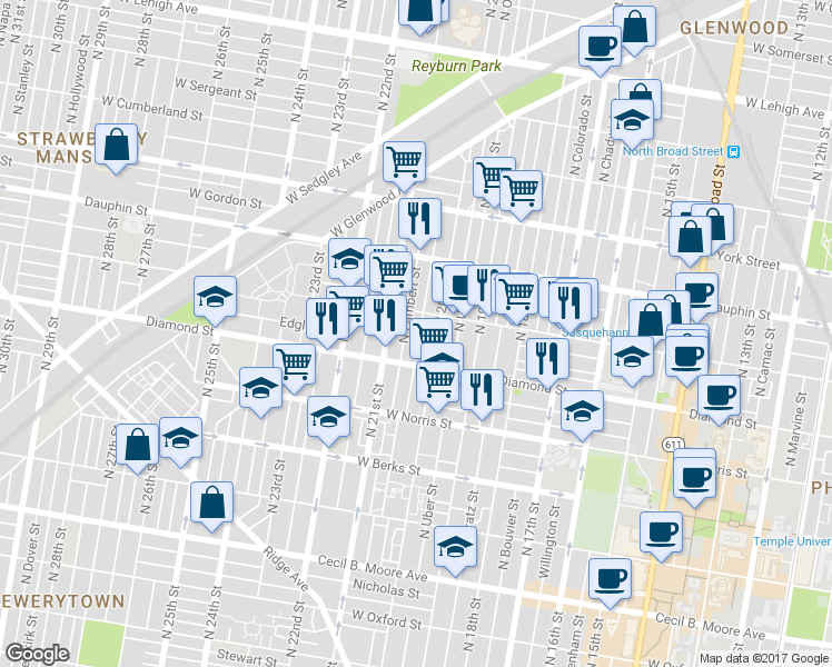 map of restaurants, bars, coffee shops, grocery stores, and more near in Philadelphia