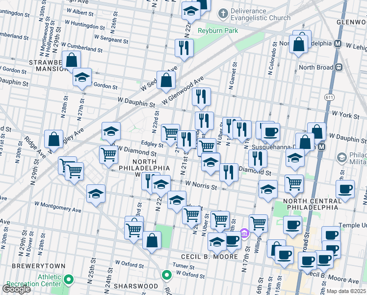 map of restaurants, bars, coffee shops, grocery stores, and more near 2132 North 21st Street in Philadelphia