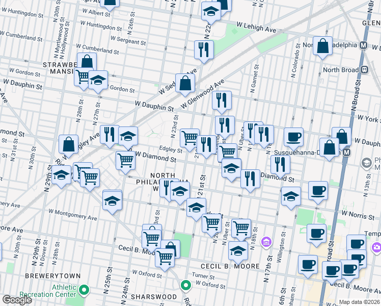 map of restaurants, bars, coffee shops, grocery stores, and more near 2116 North 22nd Street in Philadelphia