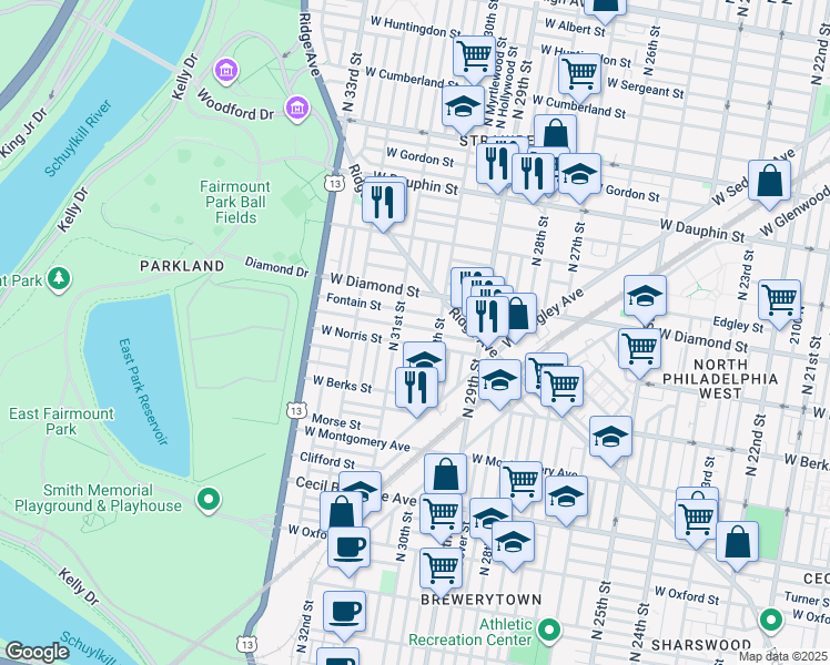 map of restaurants, bars, coffee shops, grocery stores, and more near 3030 Page Street in Philadelphia