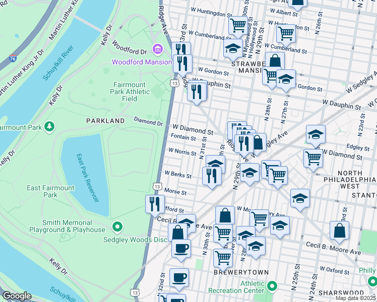 map of restaurants, bars, coffee shops, grocery stores, and more near 2000 North 32nd Street in Philadelphia