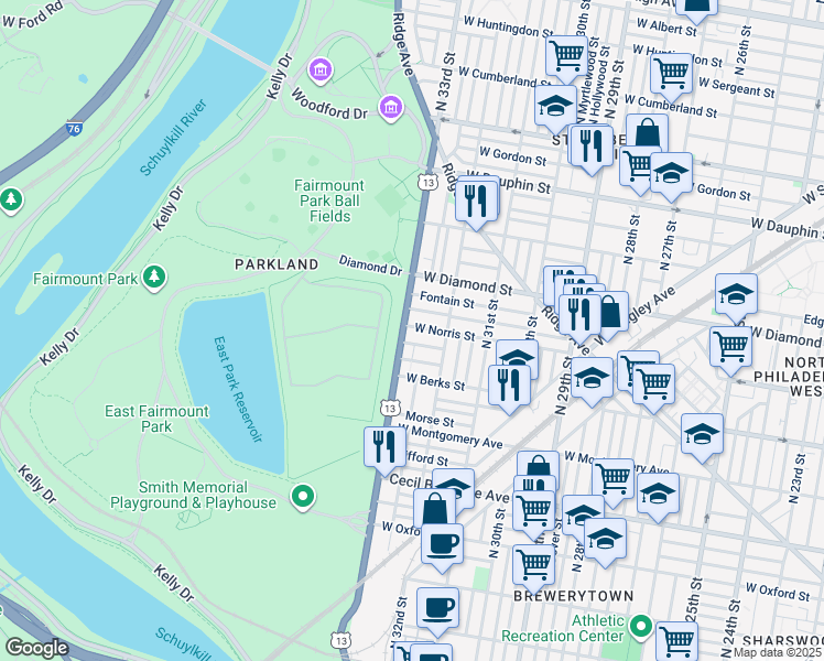 map of restaurants, bars, coffee shops, grocery stores, and more near in Philadelphia
