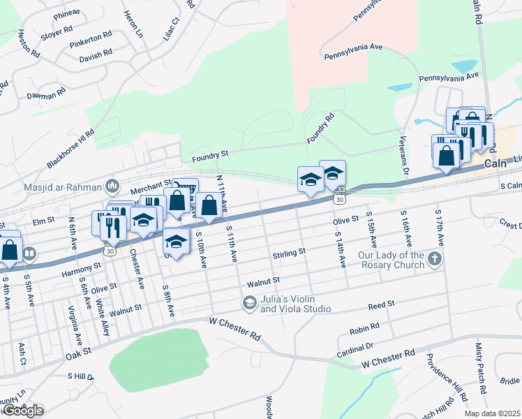 map of restaurants, bars, coffee shops, grocery stores, and more near 1253 East Lincoln Highway in Coatesville
