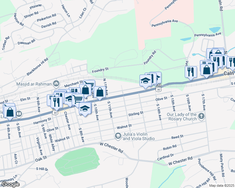 map of restaurants, bars, coffee shops, grocery stores, and more near 1123 Lincoln Highway East in Coatesville