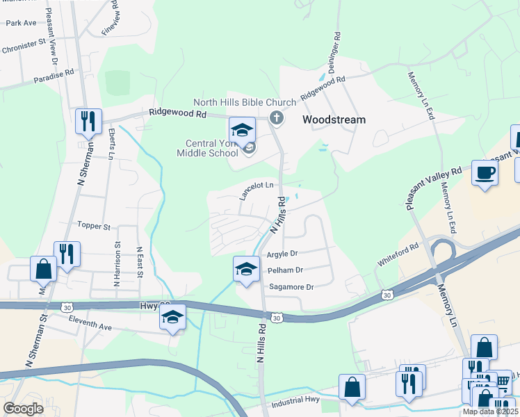 map of restaurants, bars, coffee shops, grocery stores, and more near 1800 North Hills Road in York