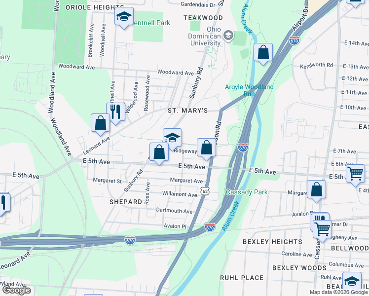 map of restaurants, bars, coffee shops, grocery stores, and more near 2268 Ridgeway Avenue in Columbus