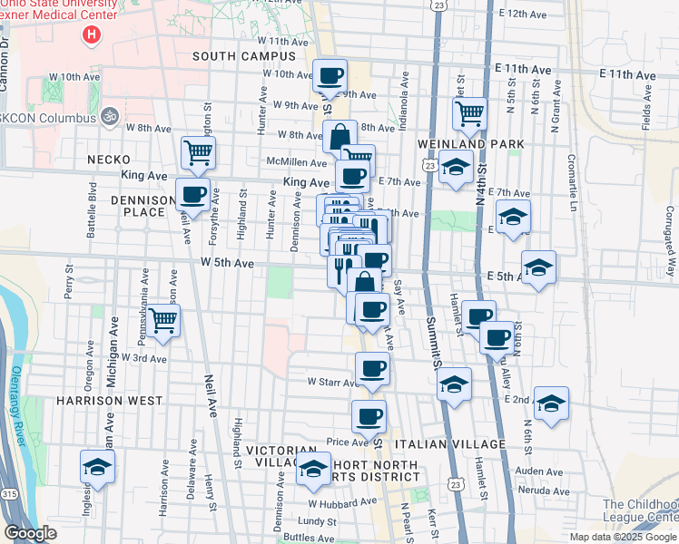 map of restaurants, bars, coffee shops, grocery stores, and more near in Columbus