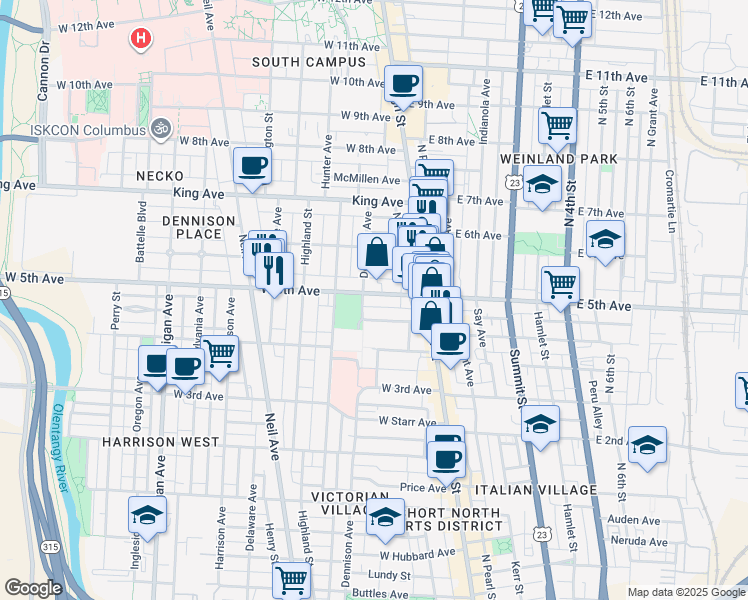 map of restaurants, bars, coffee shops, grocery stores, and more near 1189 Dennison Avenue in Columbus