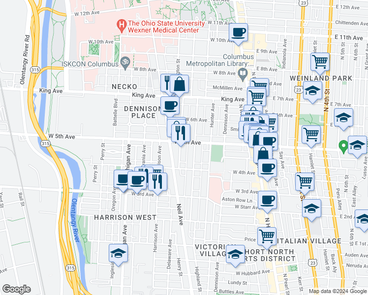 map of restaurants, bars, coffee shops, grocery stores, and more near 1237 Sunside Alley in Columbus