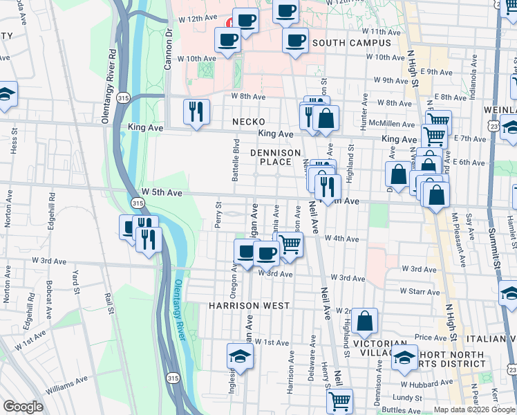 map of restaurants, bars, coffee shops, grocery stores, and more near 387 Vermont Place in Columbus