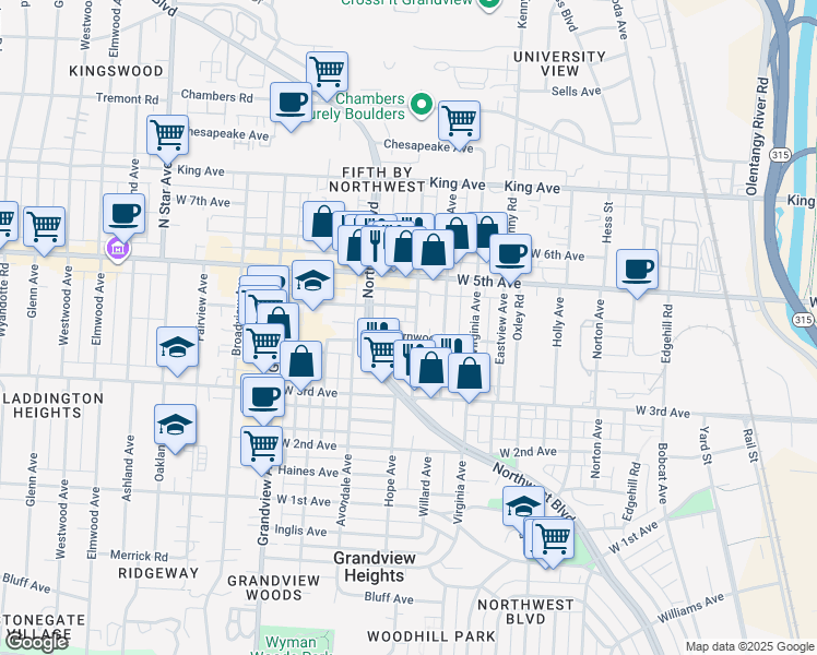 map of restaurants, bars, coffee shops, grocery stores, and more near 1272 Thornwood Place in Columbus
