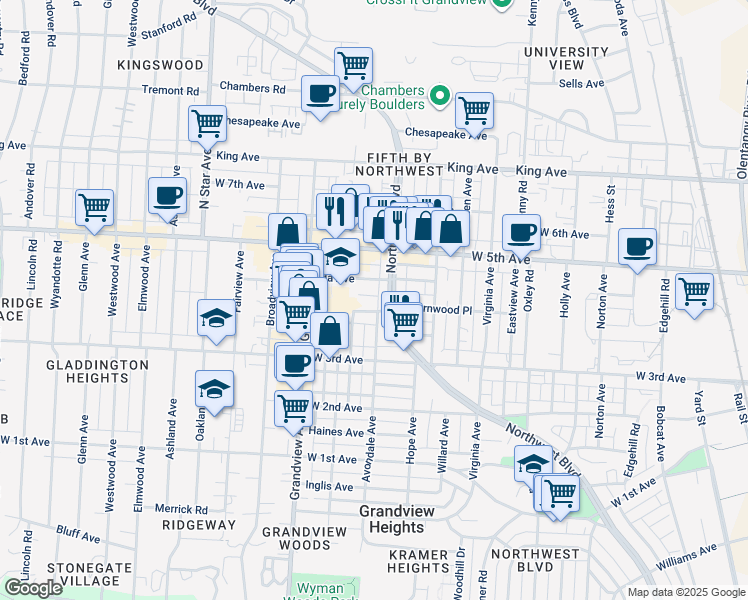 map of restaurants, bars, coffee shops, grocery stores, and more near 1413 Northwest Boulevard in Columbus