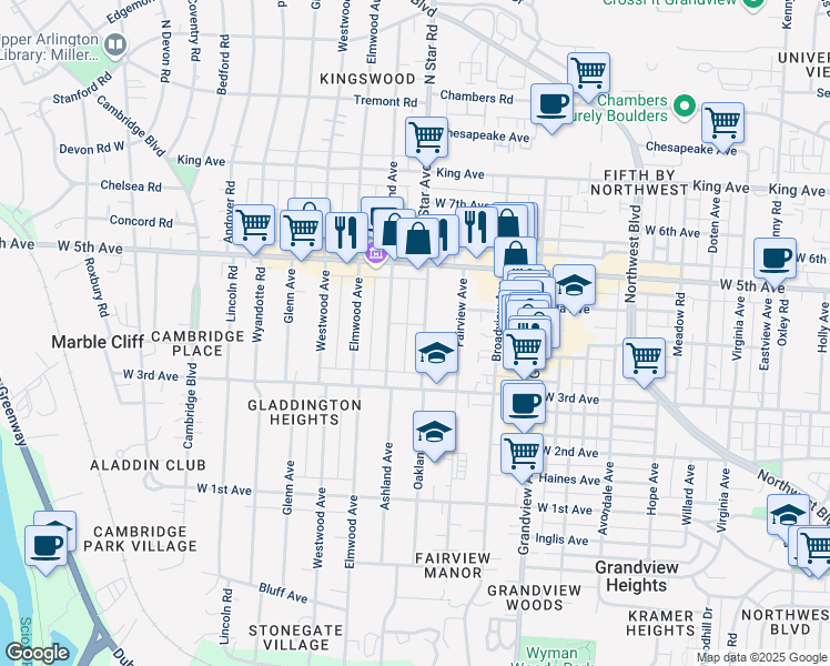 map of restaurants, bars, coffee shops, grocery stores, and more near 1457 North Star Avenue in Columbus