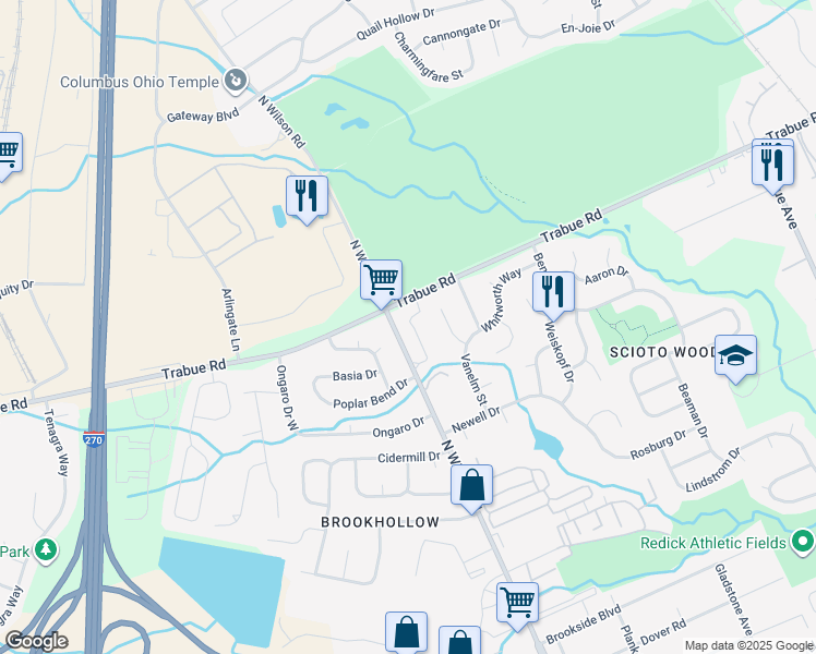map of restaurants, bars, coffee shops, grocery stores, and more near 1648 North Wilson Road in Columbus