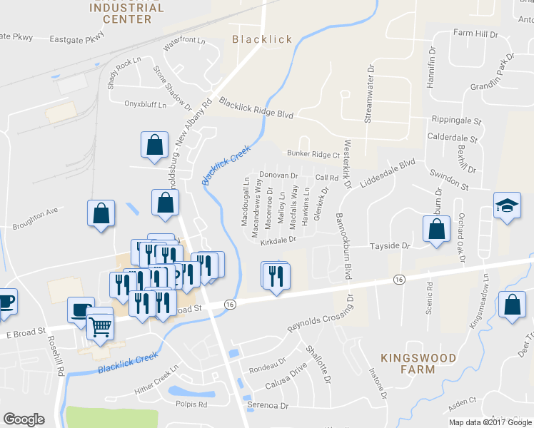 map of restaurants, bars, coffee shops, grocery stores, and more near 172 Macenroe Drive in Blacklick