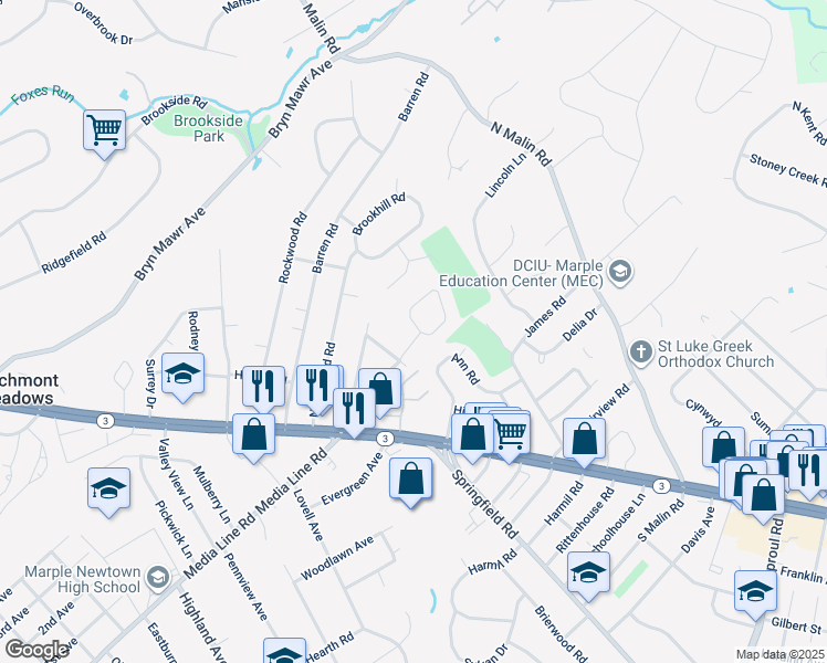 map of restaurants, bars, coffee shops, grocery stores, and more near 104 North Line Road in Newtown Square