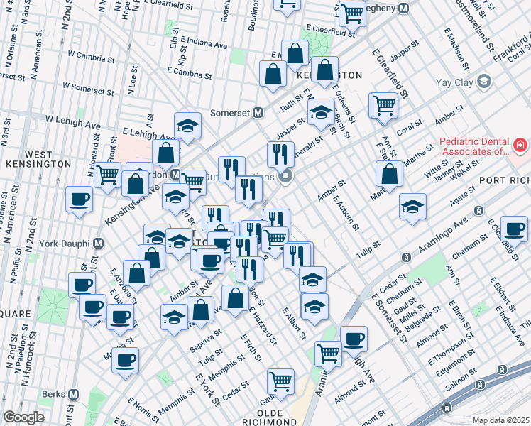 map of restaurants, bars, coffee shops, grocery stores, and more near 2031 East Lehigh Avenue in Philadelphia