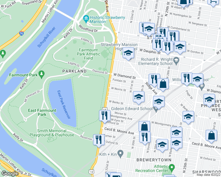 map of restaurants, bars, coffee shops, grocery stores, and more near in Philadelphia