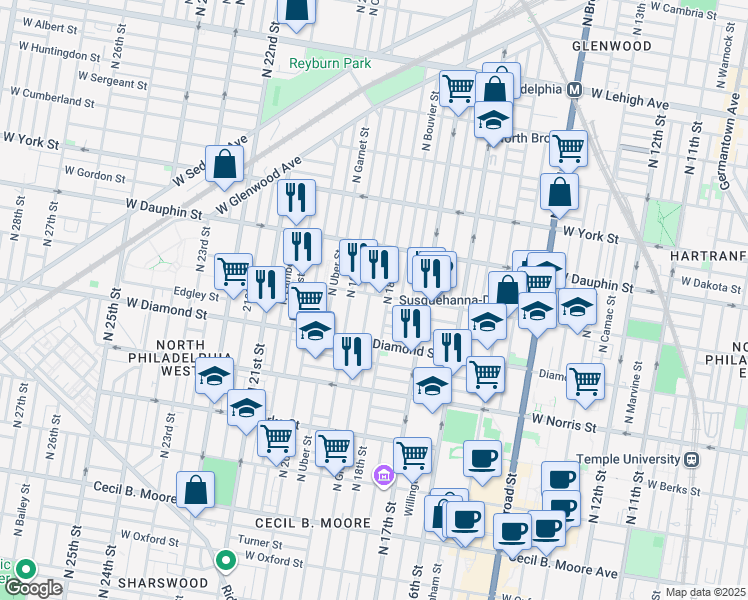 map of restaurants, bars, coffee shops, grocery stores, and more near 1828 West Susquehanna Avenue in Philadelphia
