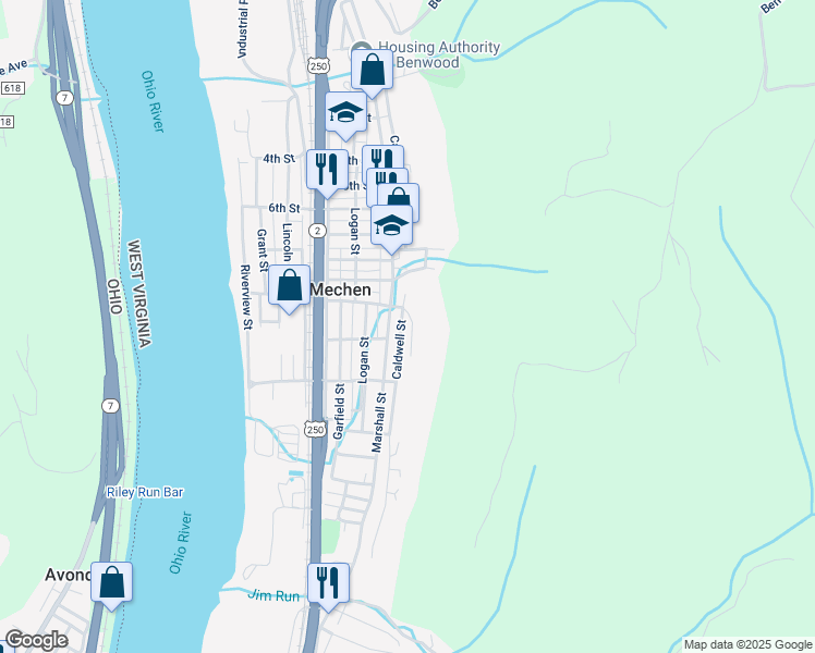 map of restaurants, bars, coffee shops, grocery stores, and more near 1008 Caldwell St in McMechen