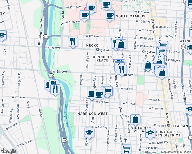map of restaurants, bars, coffee shops, grocery stores, and more near 387 Vermont Place in Columbus