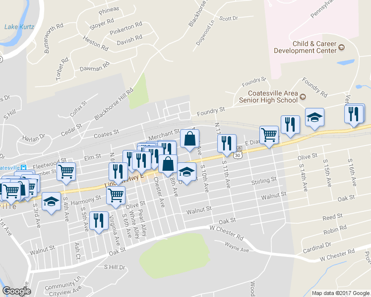 map of restaurants, bars, coffee shops, grocery stores, and more near 98 North 9th Avenue in Coatesville