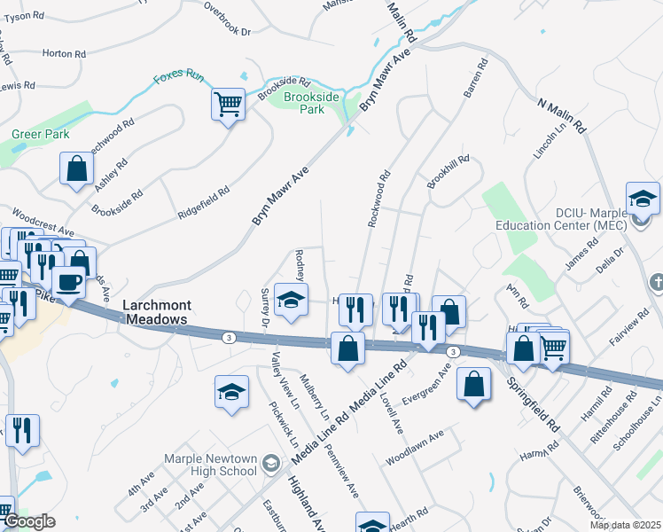 map of restaurants, bars, coffee shops, grocery stores, and more near 27 Radnor Drive in Newtown Square