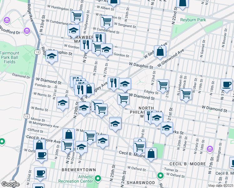 map of restaurants, bars, coffee shops, grocery stores, and more near 2550 West Glenwood Avenue in Philadelphia