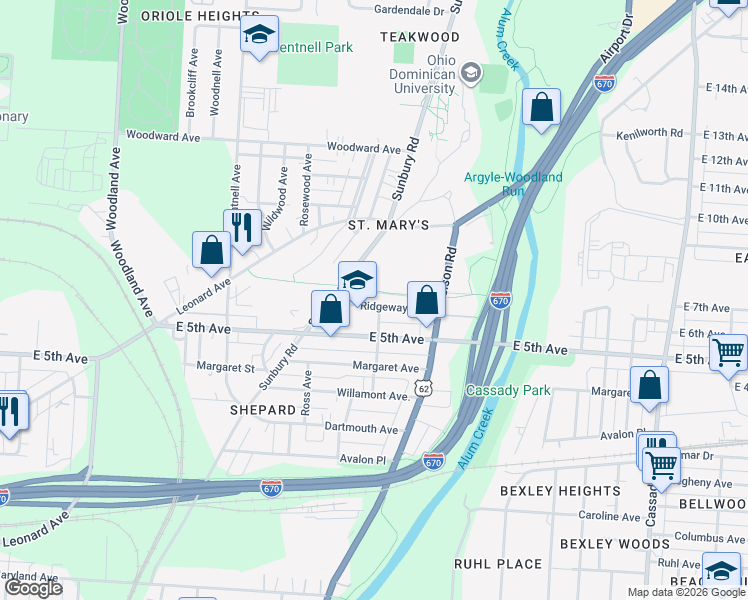 map of restaurants, bars, coffee shops, grocery stores, and more near 2268 Ridgeway Avenue in Columbus