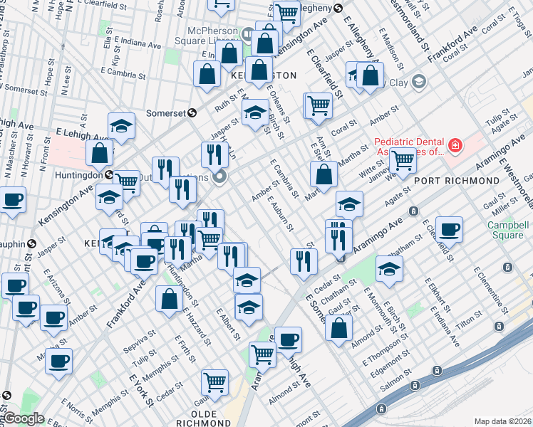 map of restaurants, bars, coffee shops, grocery stores, and more near East Rush Street in Philadelphia