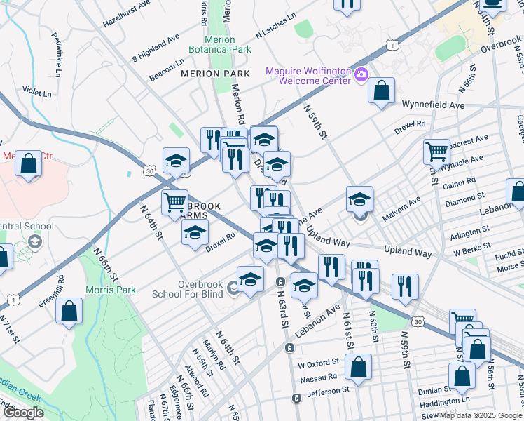 map of restaurants, bars, coffee shops, grocery stores, and more near 2049 North 63rd Street in Philadelphia