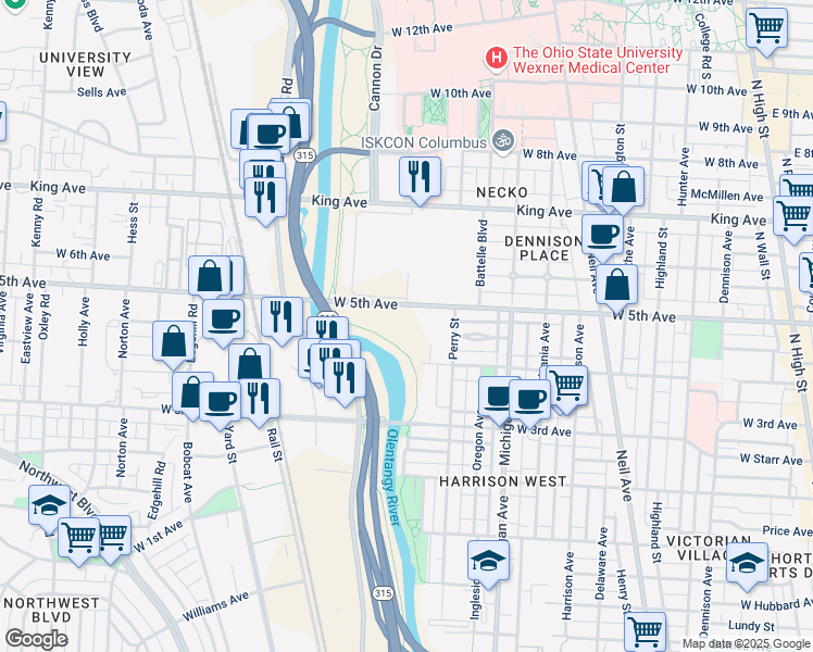 map of restaurants, bars, coffee shops, grocery stores, and more near 555 West 5th Avenue in Columbus