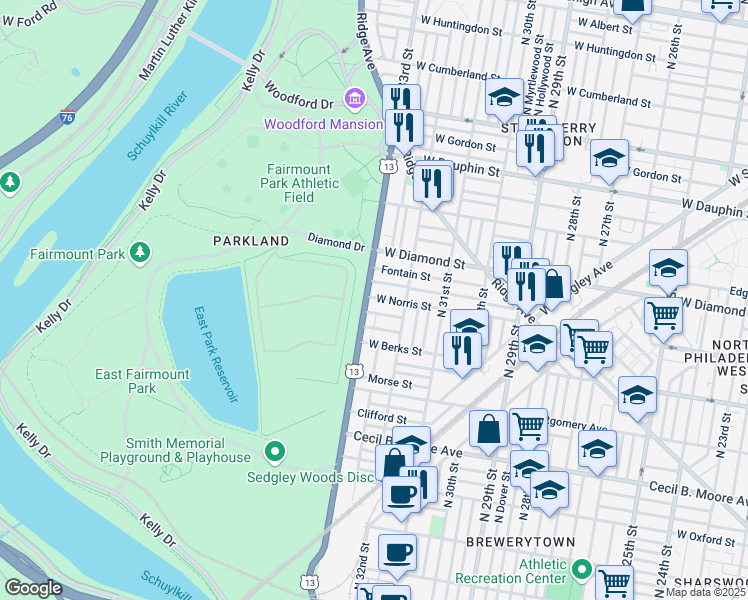 map of restaurants, bars, coffee shops, grocery stores, and more near in Philadelphia