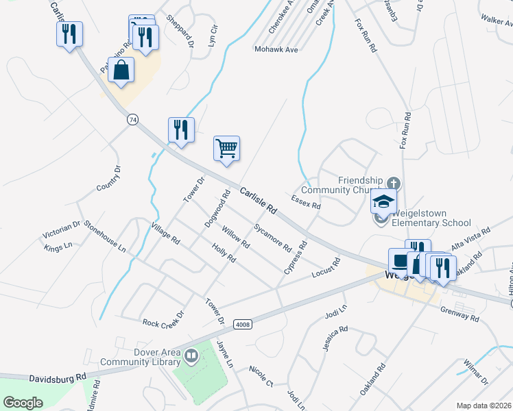 map of restaurants, bars, coffee shops, grocery stores, and more near 3530 Carlisle Road in Dover