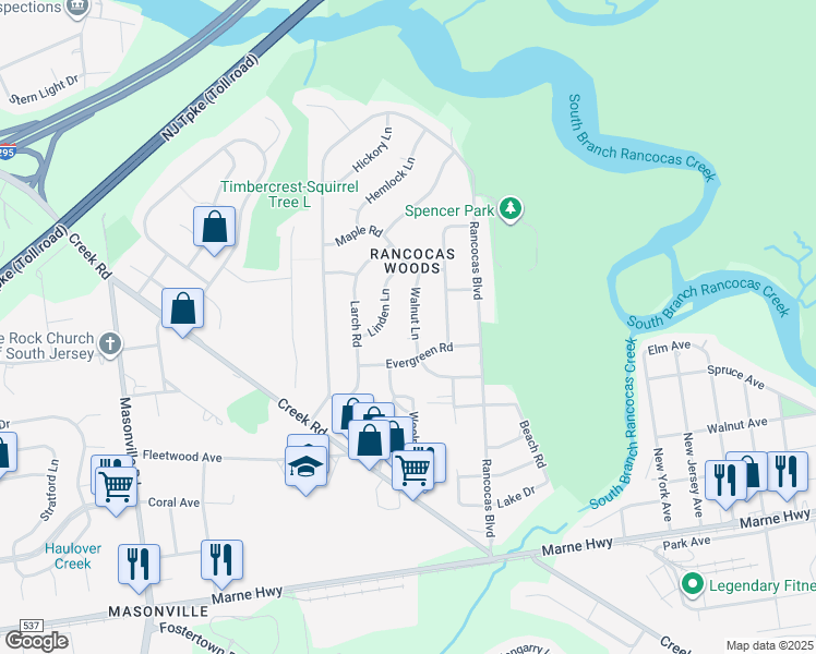 map of restaurants, bars, coffee shops, grocery stores, and more near 310 Walnut Lane in Mount Laurel Township